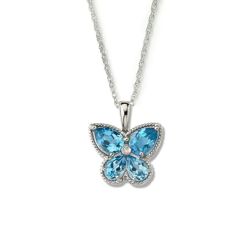 Blue Topaz Butterfly Pendant, 14K White Gold