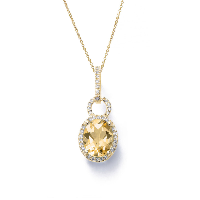 Oval Citrine and Diamond Halo Pendant, 14K Yellow Gold