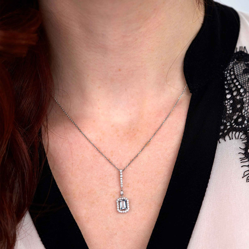 Rectangular Aquamarine and Diamond Halo Pendant, 14K White Gold