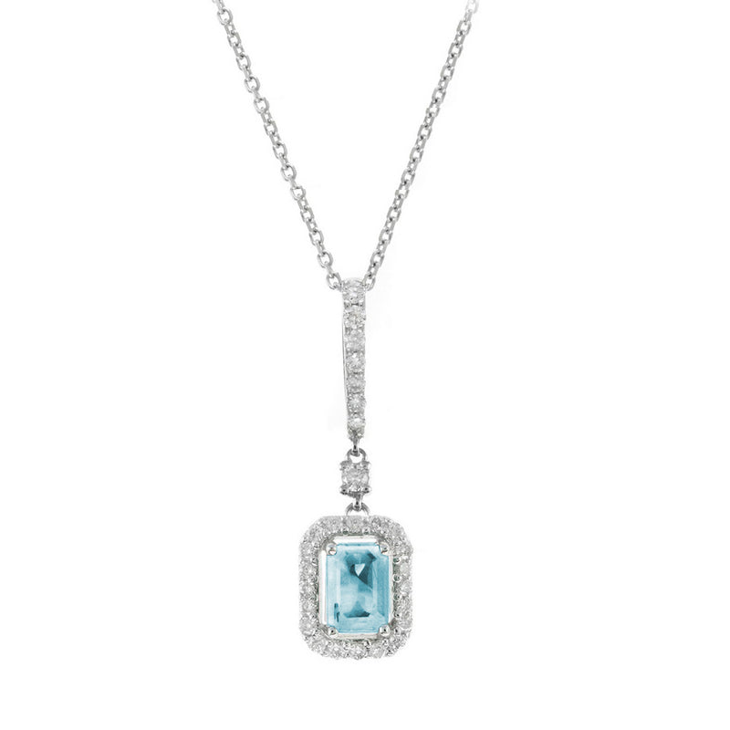 Rectangular Aquamarine and Diamond Halo Pendant, 14K White Gold