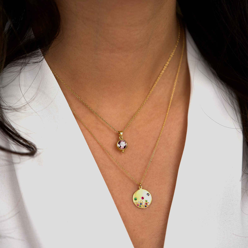 Multi Color Gemstone Disc Pendant, 14K Yellow Gold