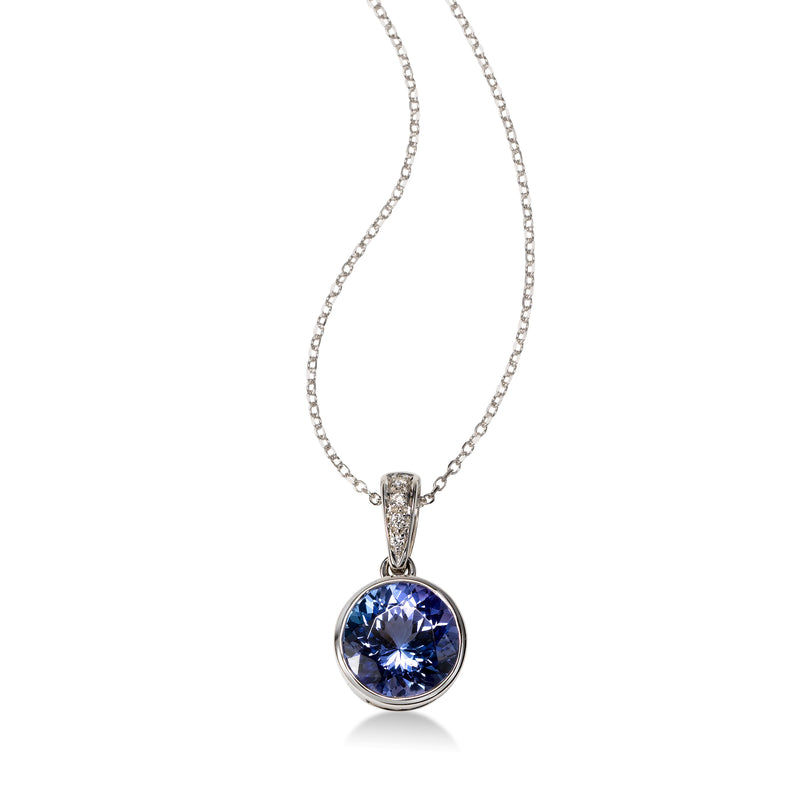 Bezel Set Tanzanite and Diamond Bale Pendant, 14K White Gold