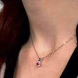 Round Ruby with Diamond Halo Pendant, 14K White Gold