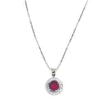 Round Ruby with Diamond Halo Pendant, 14K White Gold