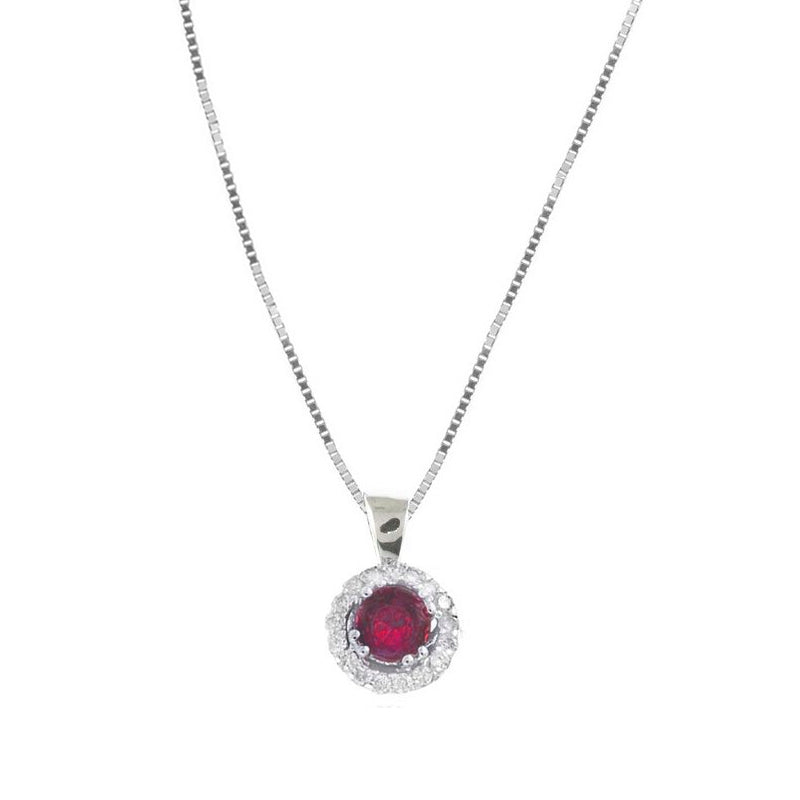Round Ruby with Diamond Halo Pendant, 14K White Gold