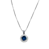 Round Sapphire with Diamond Halo Pendant, 14K White Gold