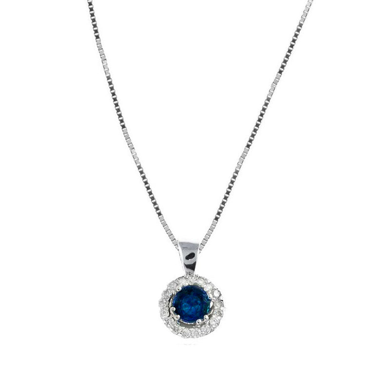 Round Sapphire with Diamond Halo Pendant, 14K White Gold