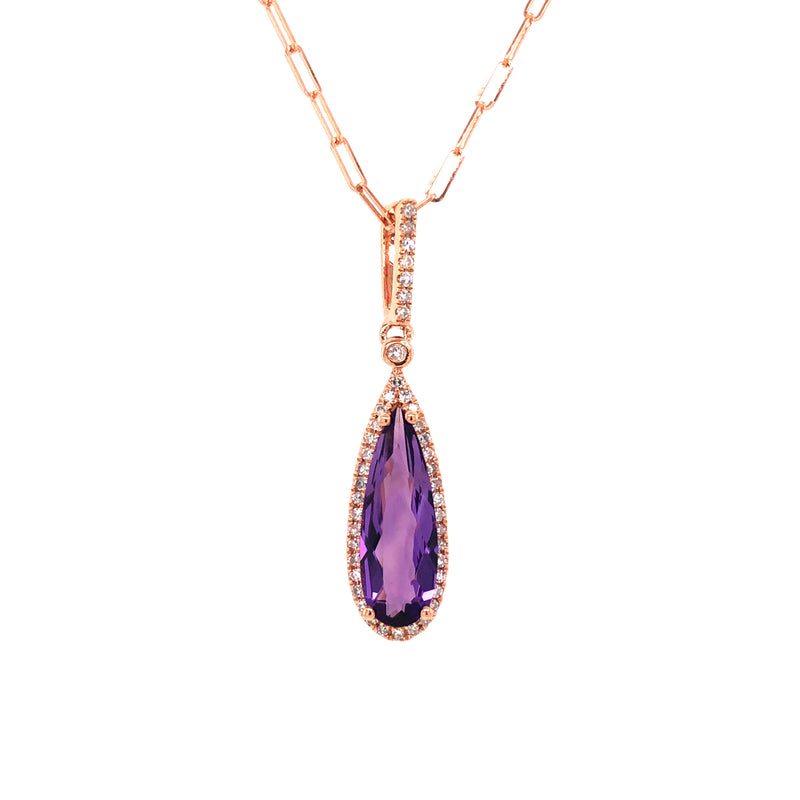 Pear Shape Amethyst and Diamond Pendant, 14K Rose Gold