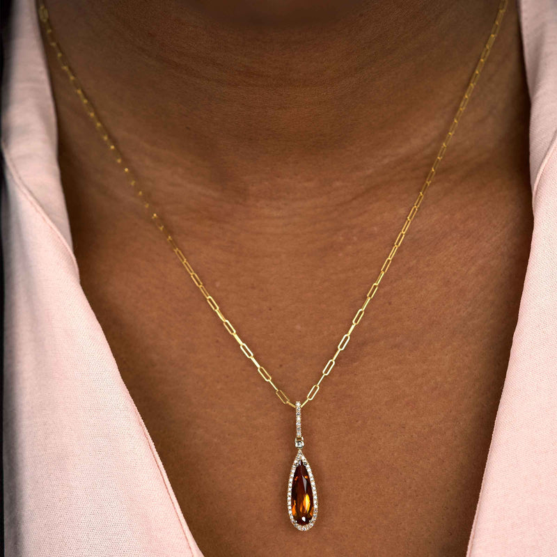 Pear Shape Citrine and Diamond Pendant, 14K Yellow Gold