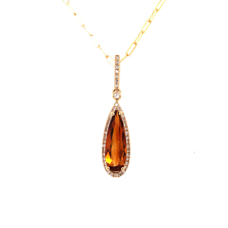 Pear Shape Citrine and Diamond Pendant, 14K Yellow Gold