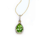 Pear Shape Peridot and Diamond Halo Pendant, 14K Yellow Gold