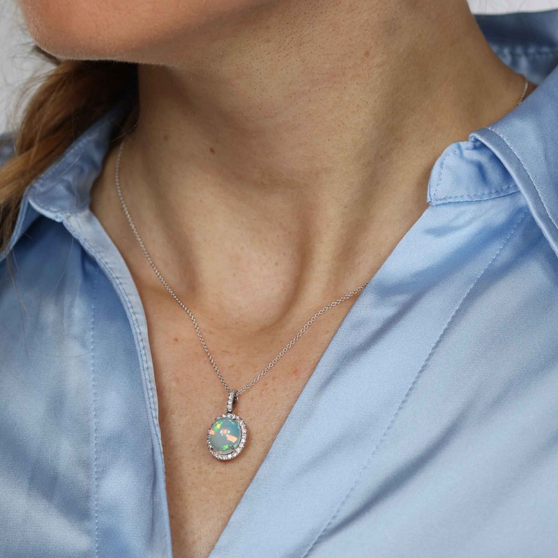 Cabochon Opal and Diamond Halo Oval Pendant, 14K White Gold