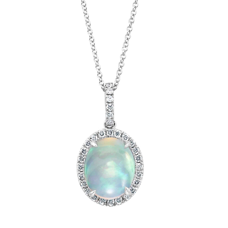 Cabochon Opal and Diamond Halo Oval Pendant, 14K White Gold