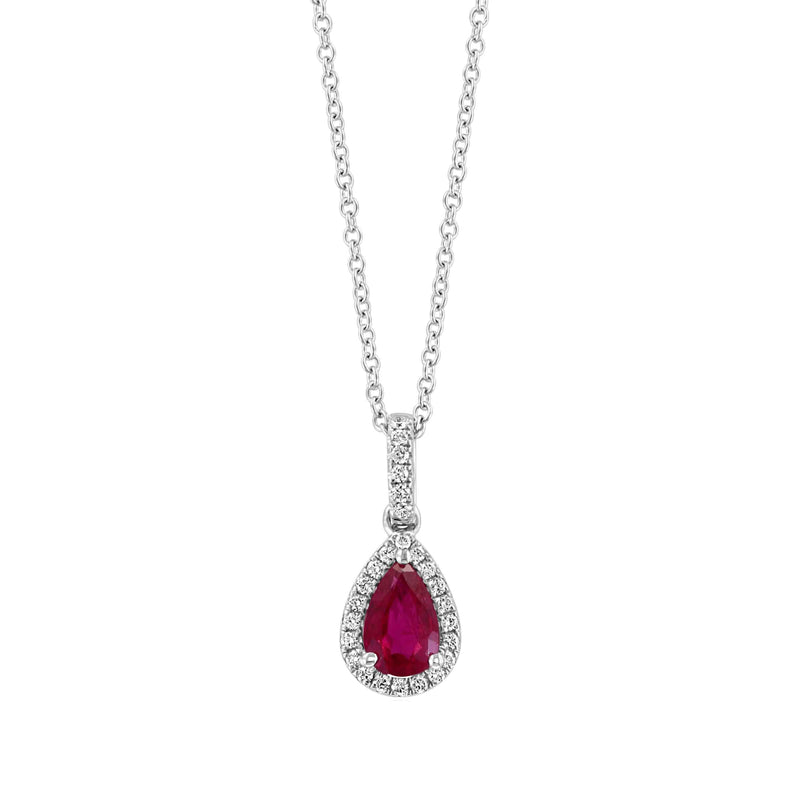 Pear Shape Ruby and Diamond Pendant, 14K White Gold