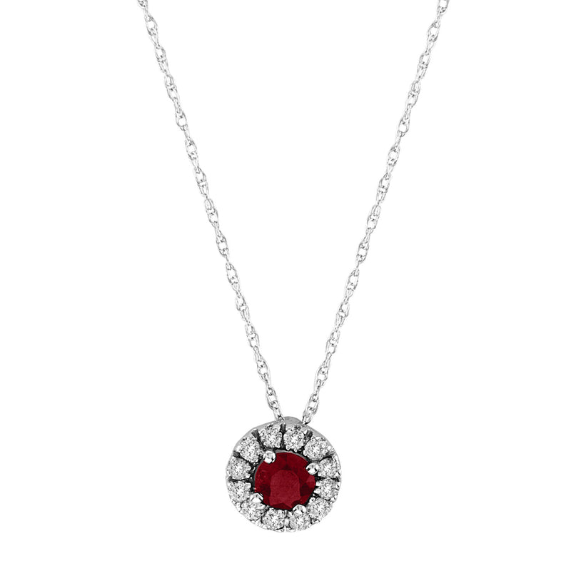 Round Ruby and Diamond Halo Pendant, 14K White Gold