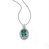Oval Emerald and Diamond Halo Pendant, 14K White Gold