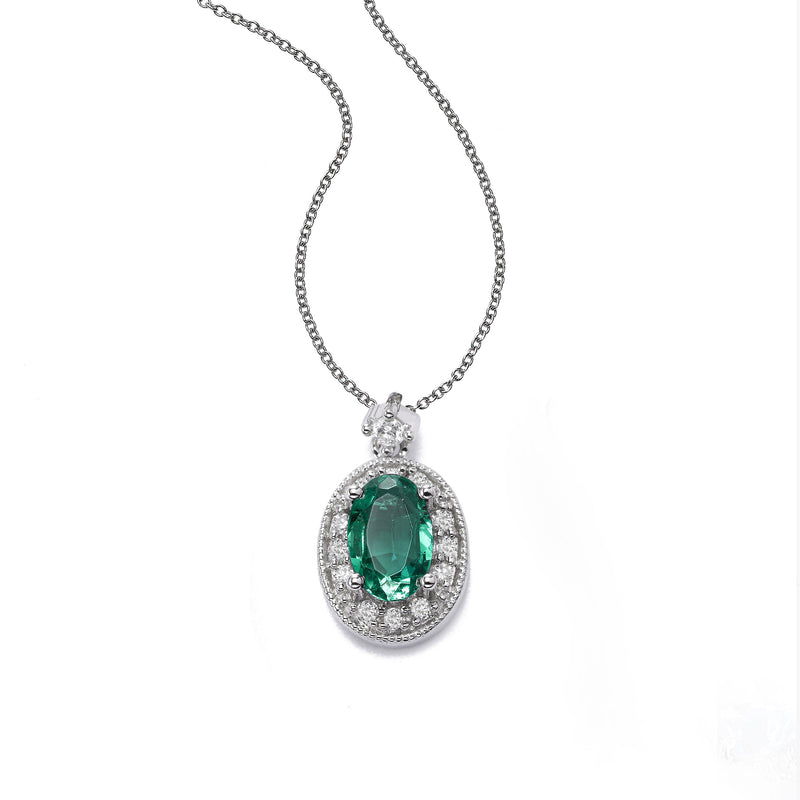 Oval Emerald and Diamond Halo Pendant, 14K White Gold