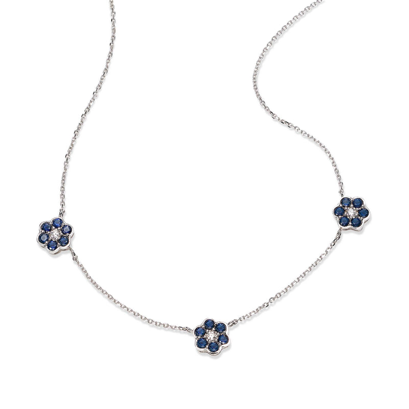 Sapphire and Diamond Flower Necklace, 14K White Gold