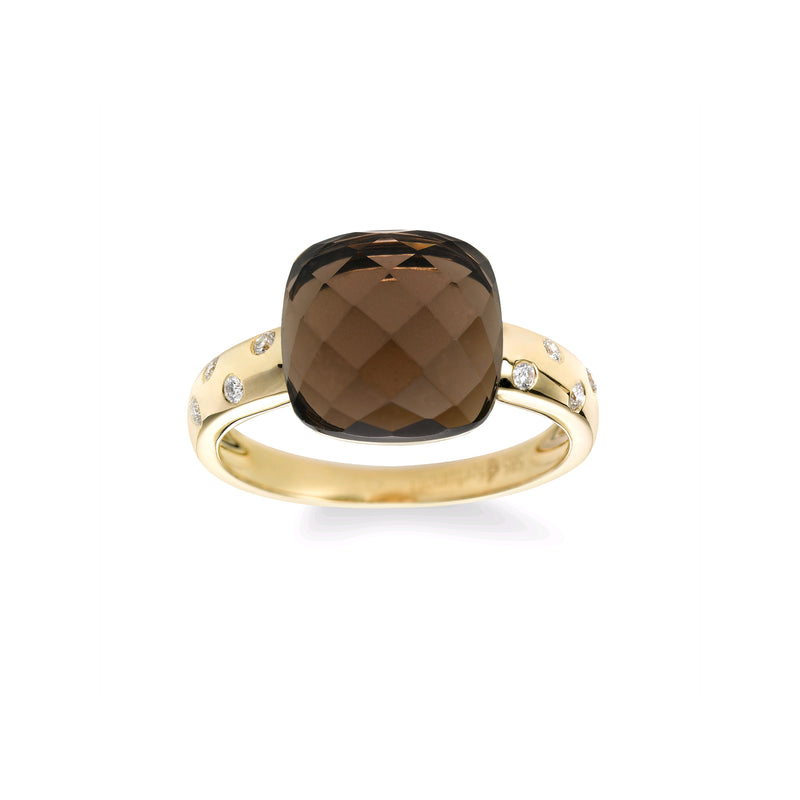 Cushion Cut Smoky Quartz Ring with Diamonds, 14K Yellow Gold