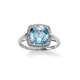 Cushion Cut Blue Topaz and Diamond Ring, 14K White Gold