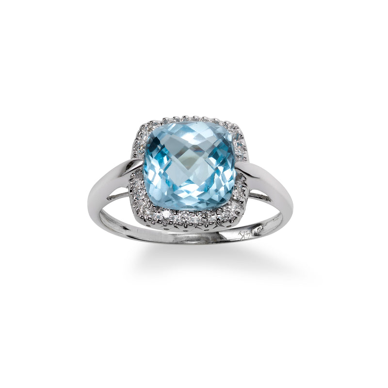 Cushion Cut Blue Topaz and Diamond Ring, 14K White Gold