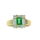 Deco Style Emerald and Diamond Ring, 14K Yellow Gold