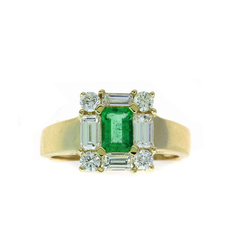 Deco Style Emerald and Diamond Ring, 14K Yellow Gold