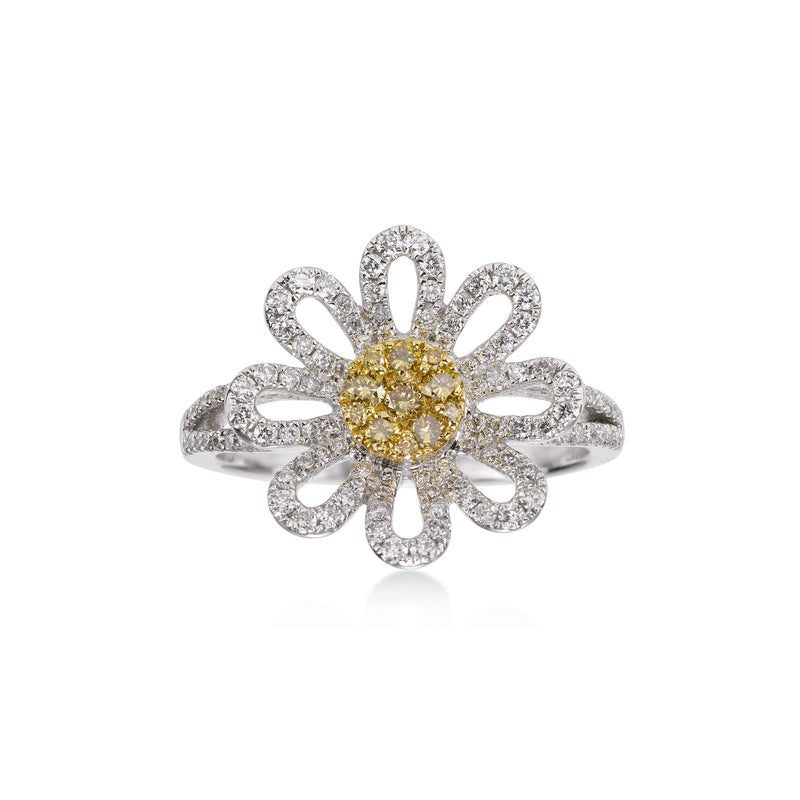 Yellow and White Pavé Diamond Flower Ring, 14 Karat Gold