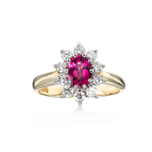 Two Tone Oval Ruby and Diamond Ring, 14 Karat Gold