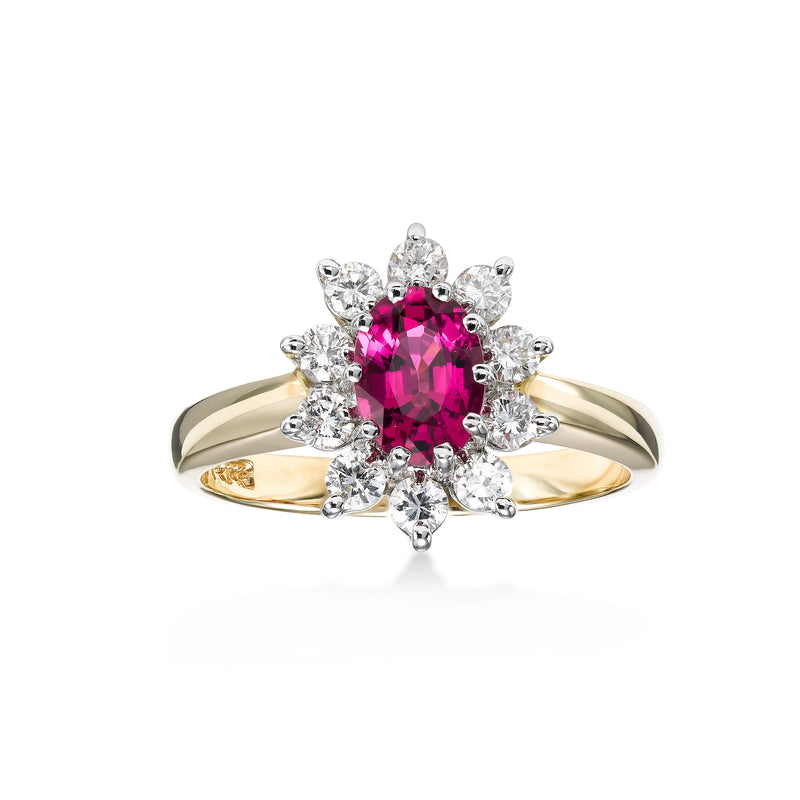 Two Tone Oval Ruby and Diamond Ring, 14 Karat Gold
