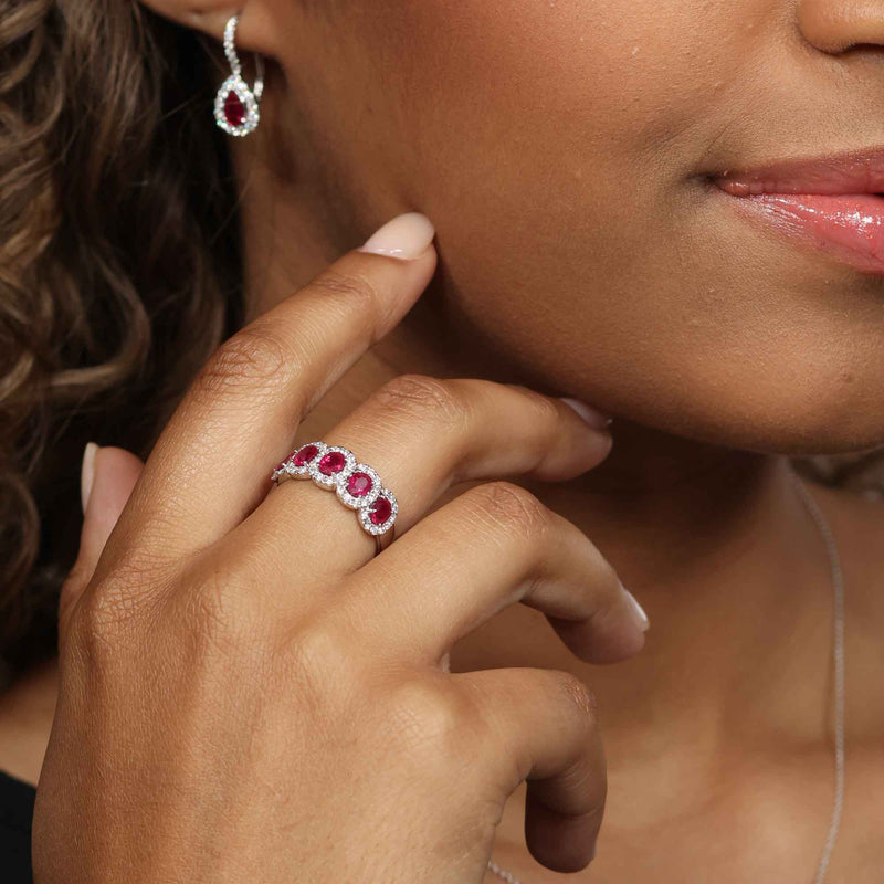 Five Stone Ruby and Diamond Halo Ring, 18K White Gold
