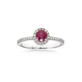 Round Ruby and Diamond Halo Ring, 14K White Gold