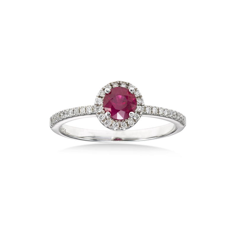 Round Ruby and Diamond Halo Ring, 14K White Gold