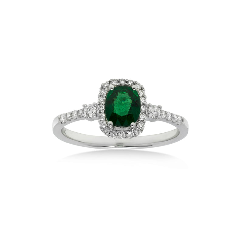 Tsavorite and Diamond Halo Ring , 18K White Gold