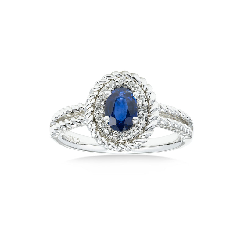 Oval Sapphire and Diamond Rope Design Ring, 14K White Gold