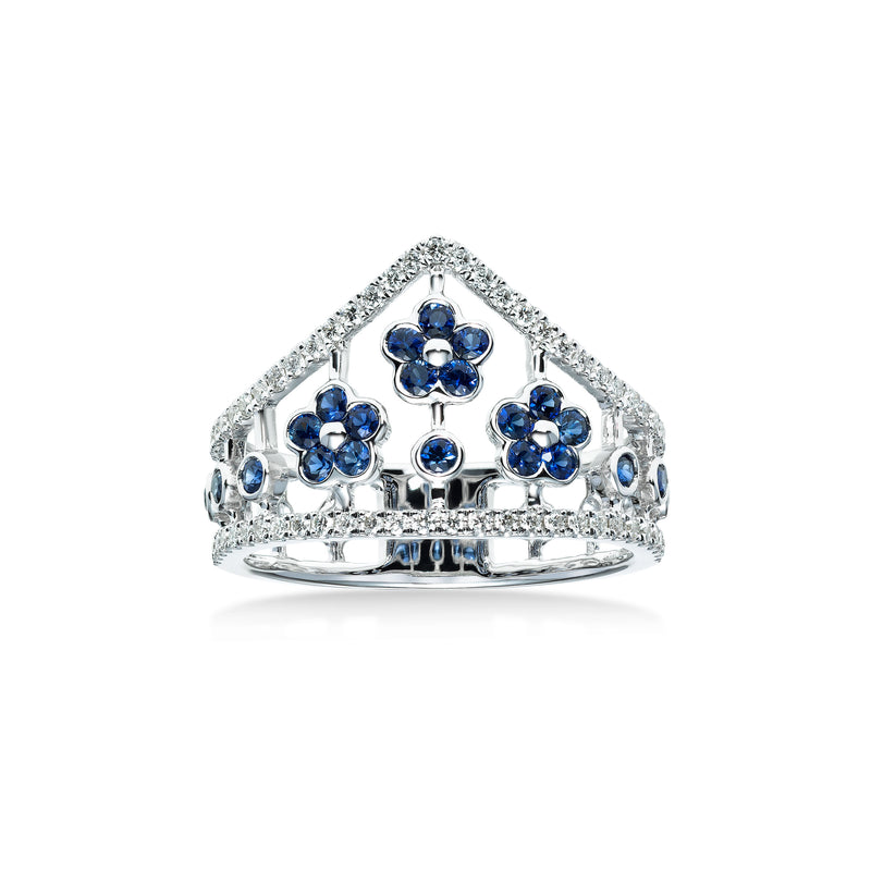Sapphire and Diamond Flowers Ring, 14K White Gold