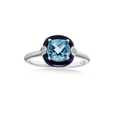 Cushion Shape Blue Topaz and Black Enamel Ring, 18K White Gold