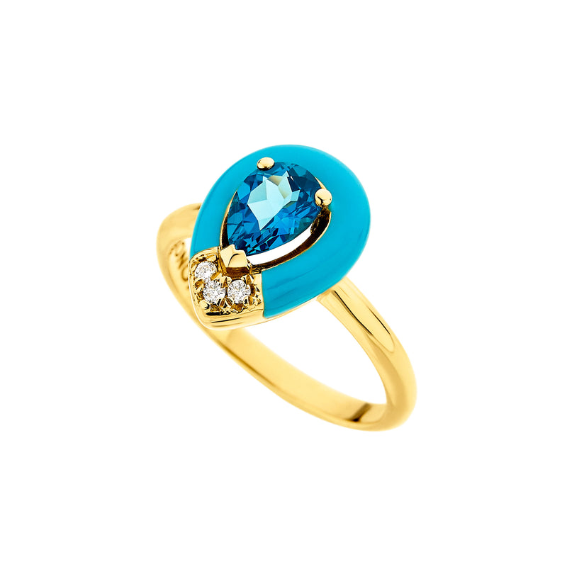 Pear Shape Blue Topaz and Blue Enamel Ring, 18K Yellow Gold