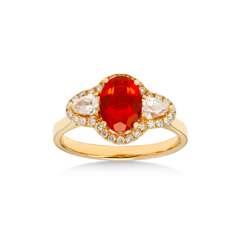 Mexican Fire Opal Ring with Diamonds, 18K Yellow Gold