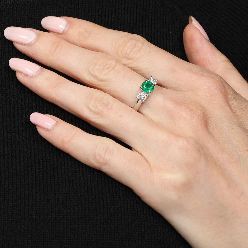 Three Stone Emerald and Diamond Ring, 14K White Gold