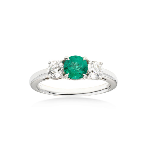Three Stone Emerald and Diamond Ring, 14K White Gold