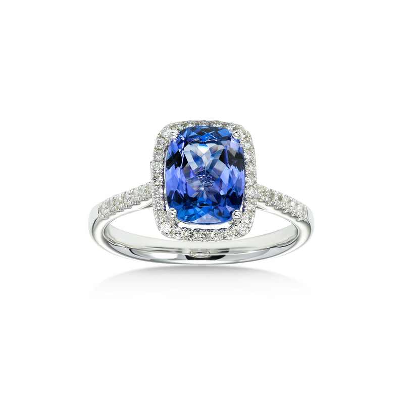 Rectangular Tanzanite and Diamond Halo Ring, 18K White Gold