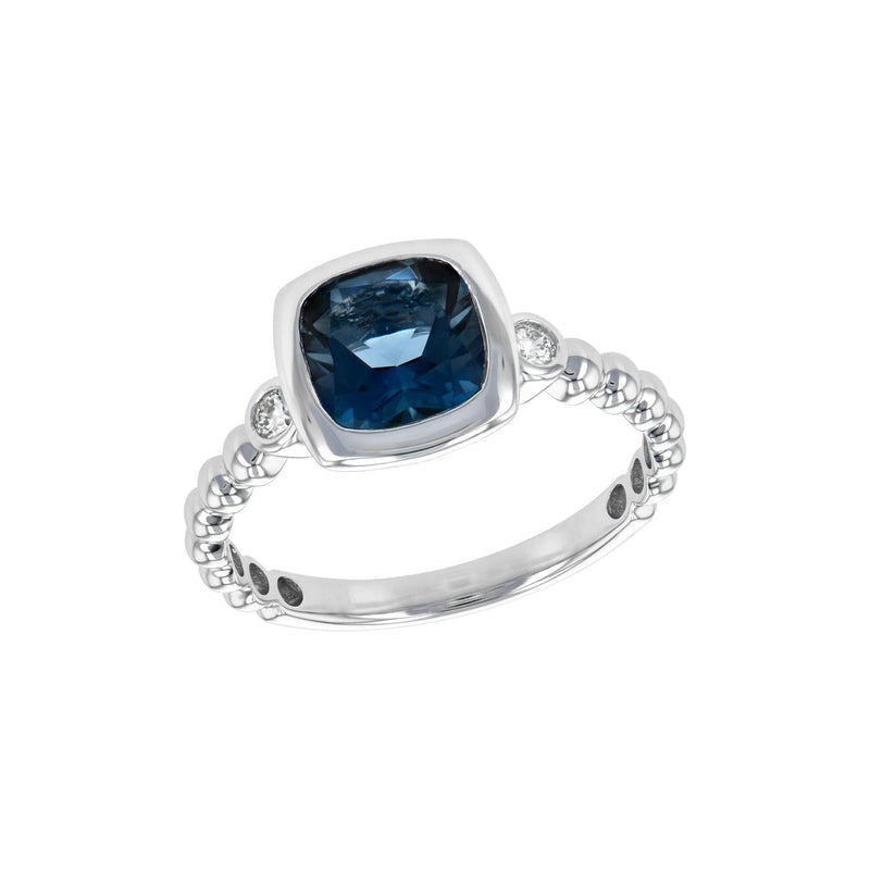 Cushion Cut London Blue Topaz and Diamond Ring, 14K White Gold