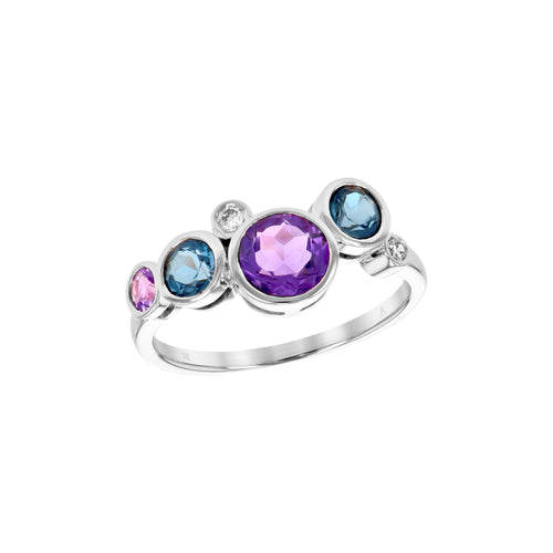 Bezel Set Amethyst, Blue Topaz and Diamond Ring, 14K White Gold