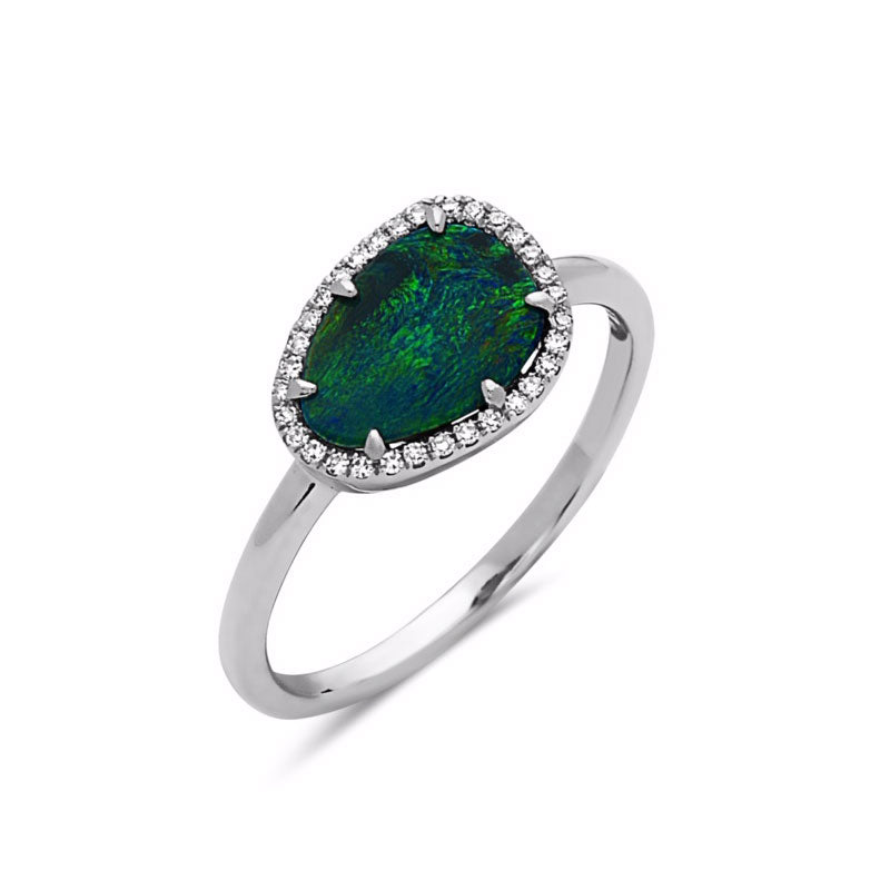 Black Opal and Diamond Halo Ring, 14K White Gold