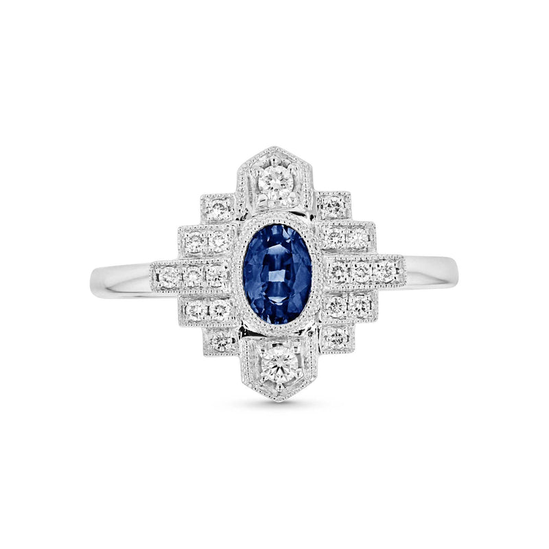 Deco Style Sapphire and Diamond Band, 14K White Gold