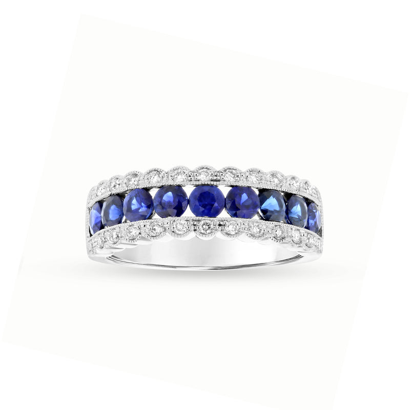 Round Blue Sapphire and Diamond Ring, 14K White Gold