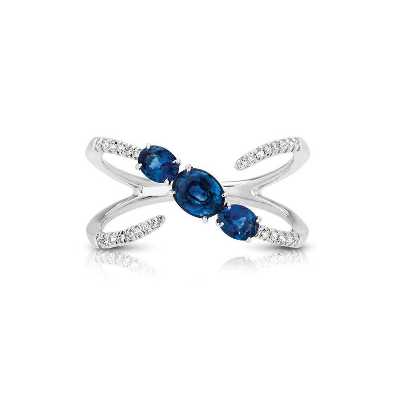 Open Design Blue Sapphire and Diamond Ring, 14K White Gold