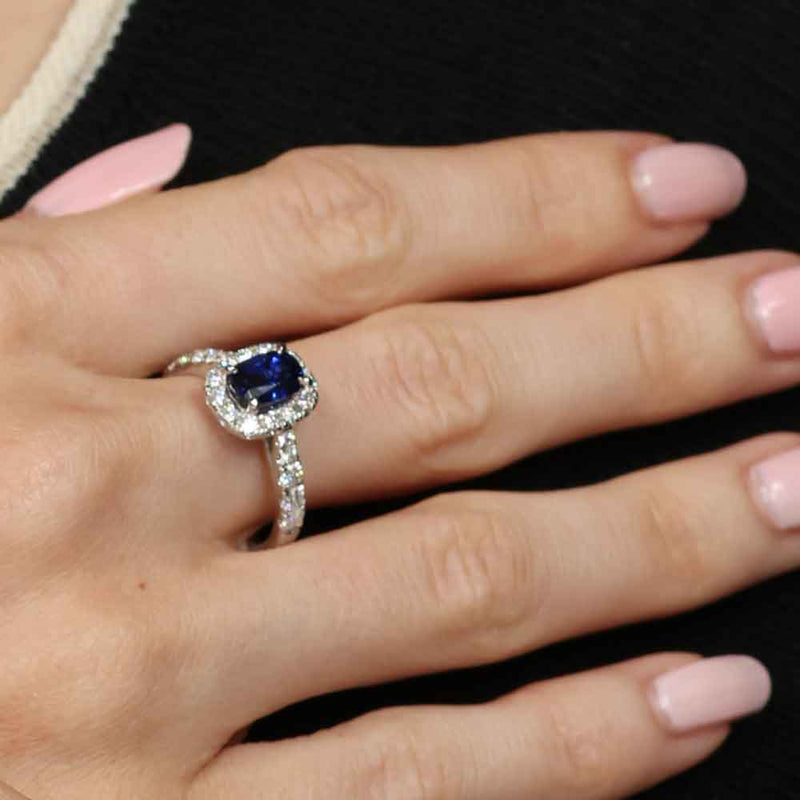 Cushion Cut Sapphire and Diamond Ring, 18K White Gold