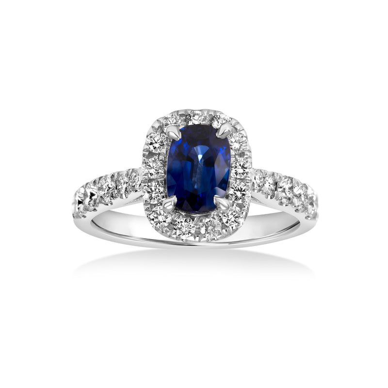 Cushion Cut Sapphire and Diamond Ring, 18K White Gold